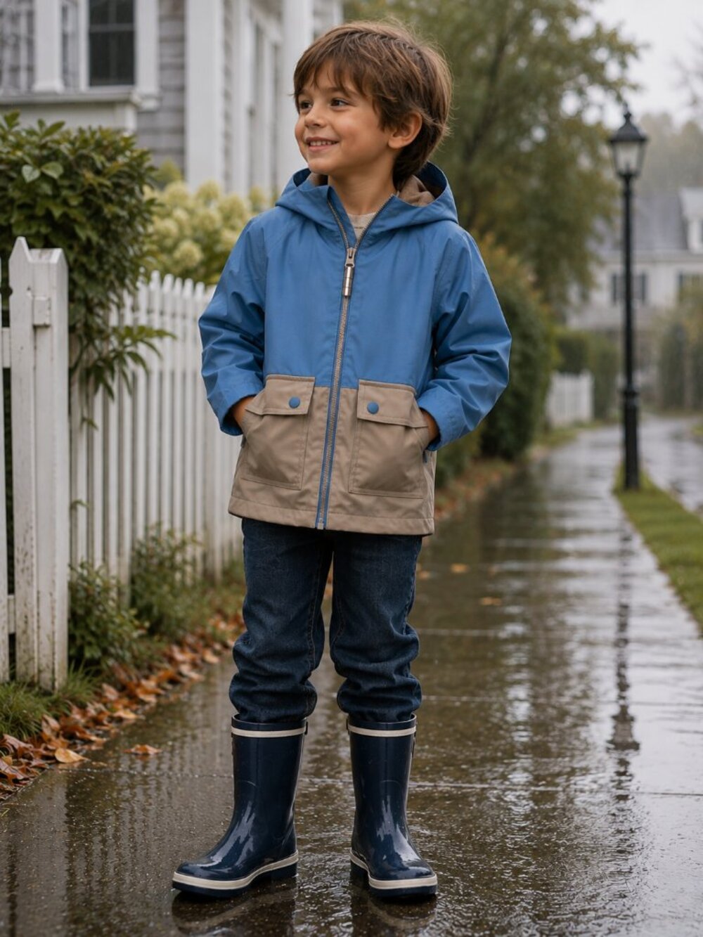 Cat & Jack Colorblock Rain Jacket Hooded Waterproof Blue Tan XS 4/5 NWT
